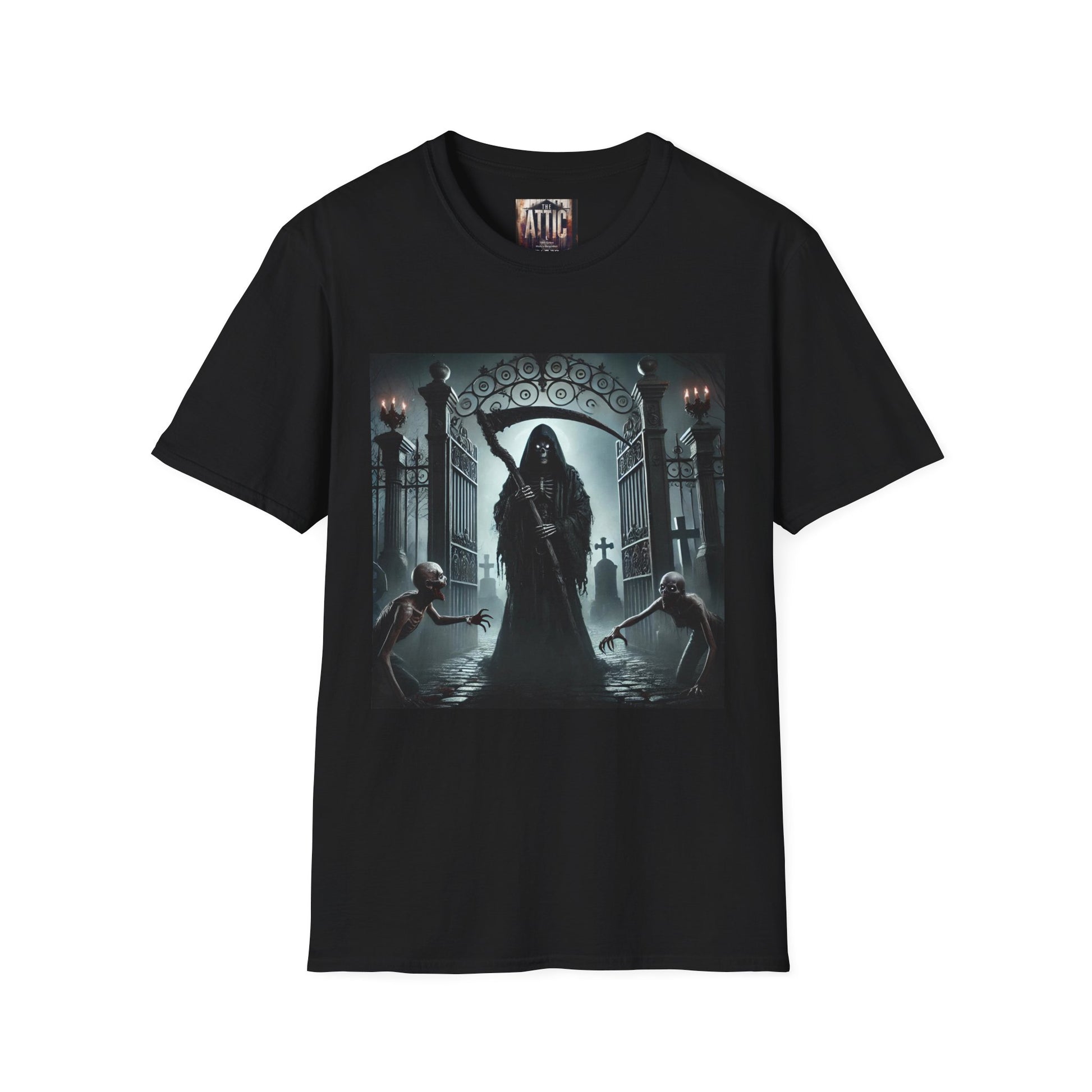 Cemetery Gates with Grim Reaper tshirt