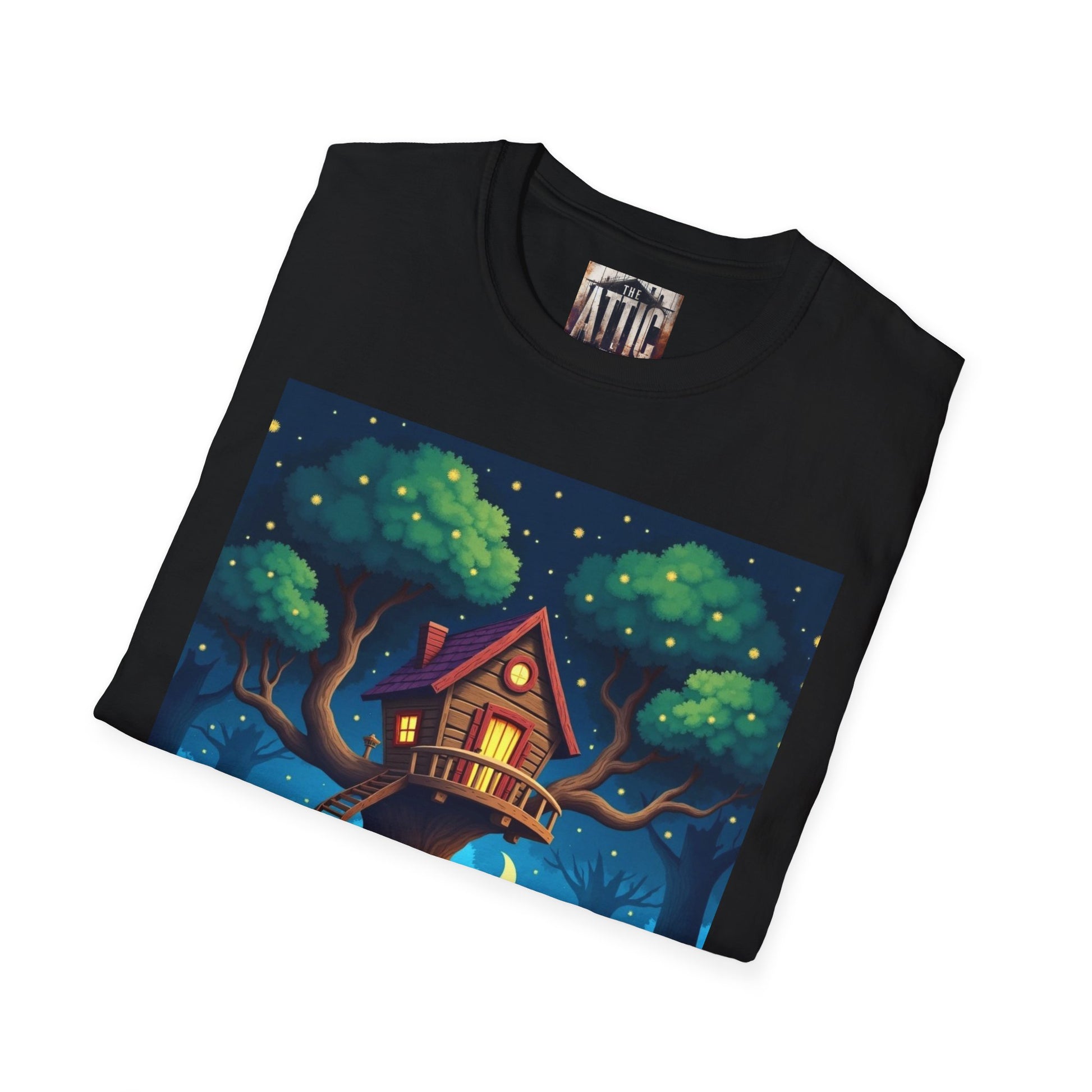Treehouse Under Starry Night T-Shirt — Moonlit Crescent Tree House Design