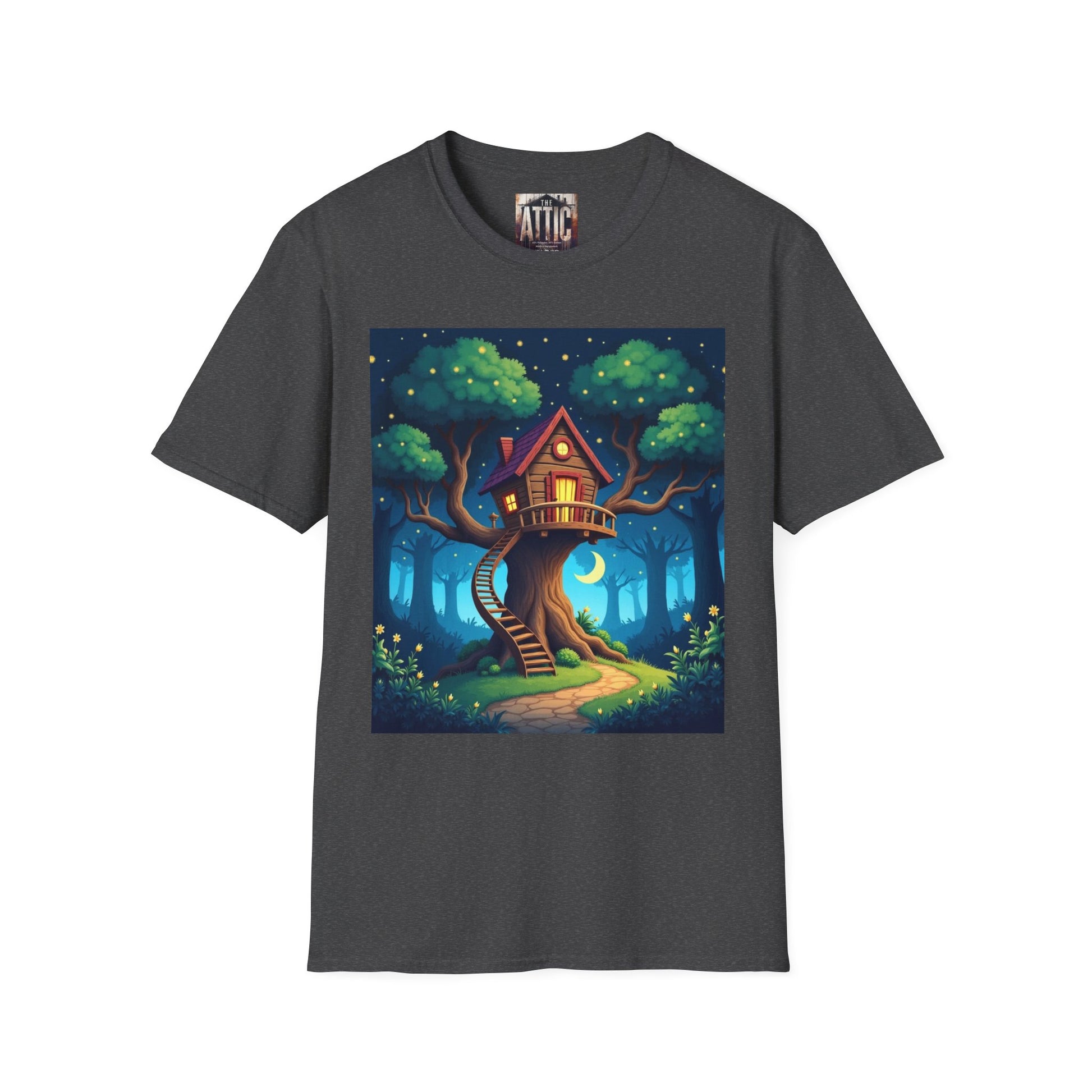 Treehouse Under Starry Night T-Shirt — Moonlit Crescent Tree House Design