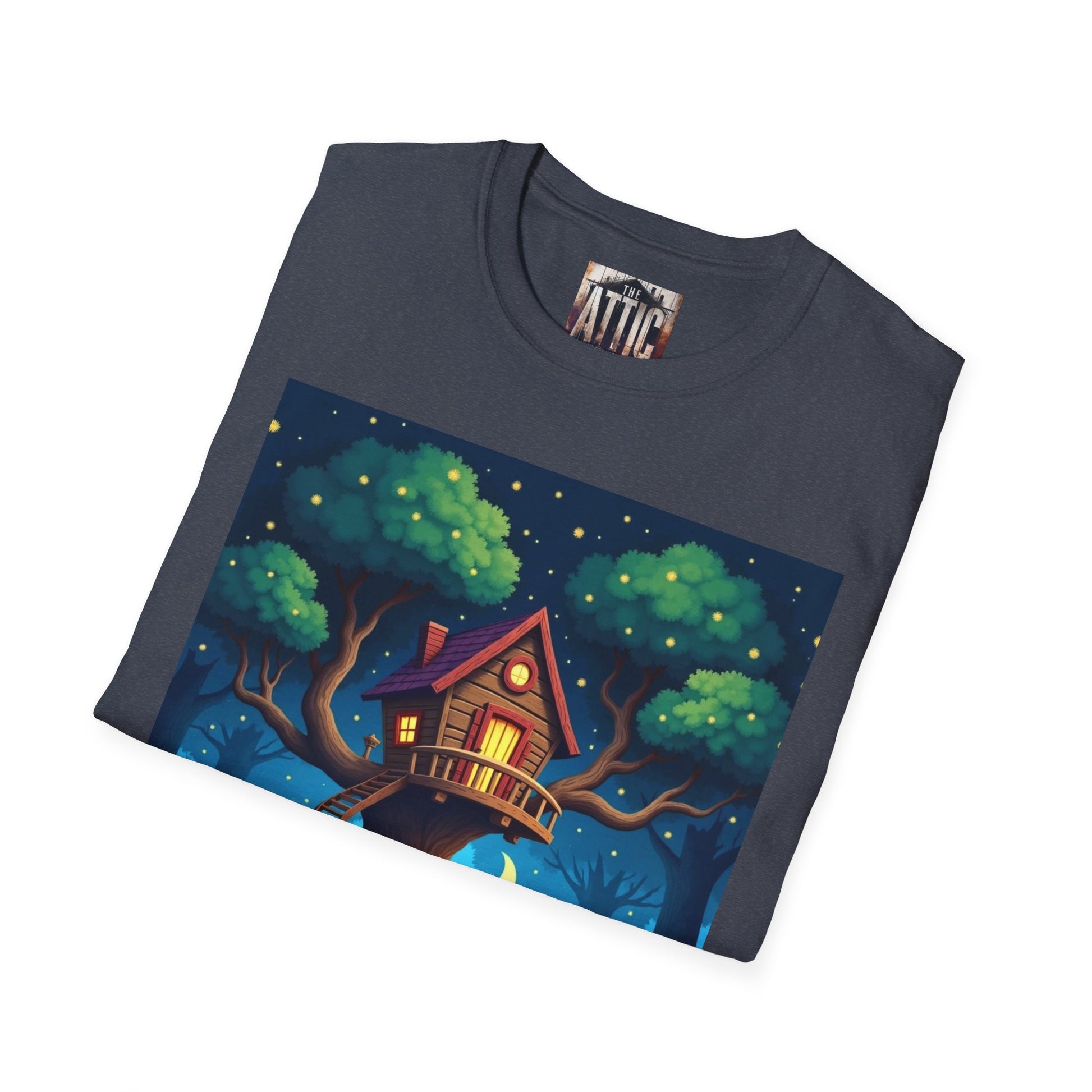 Treehouse Under Starry Night T-Shirt — Moonlit Crescent Tree House Design