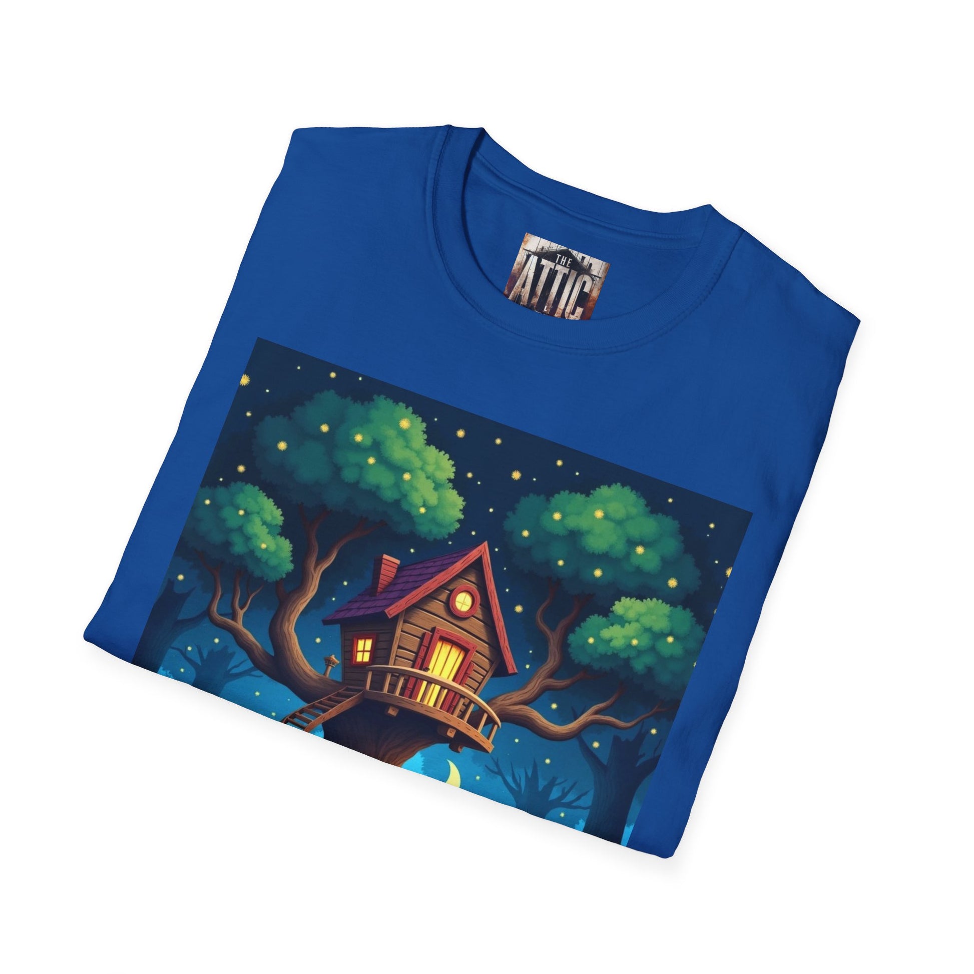 Treehouse Under Starry Night T-Shirt — Moonlit Crescent Tree House Design