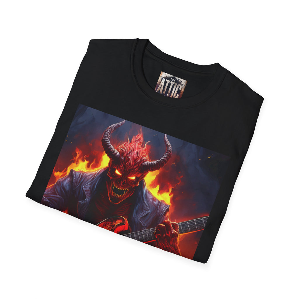 Fiery Demon Guitar Graphic Tee, Unisex T-Shirt for Music Lovers, Halloween Costume, Concert Apparel, Unique Gift