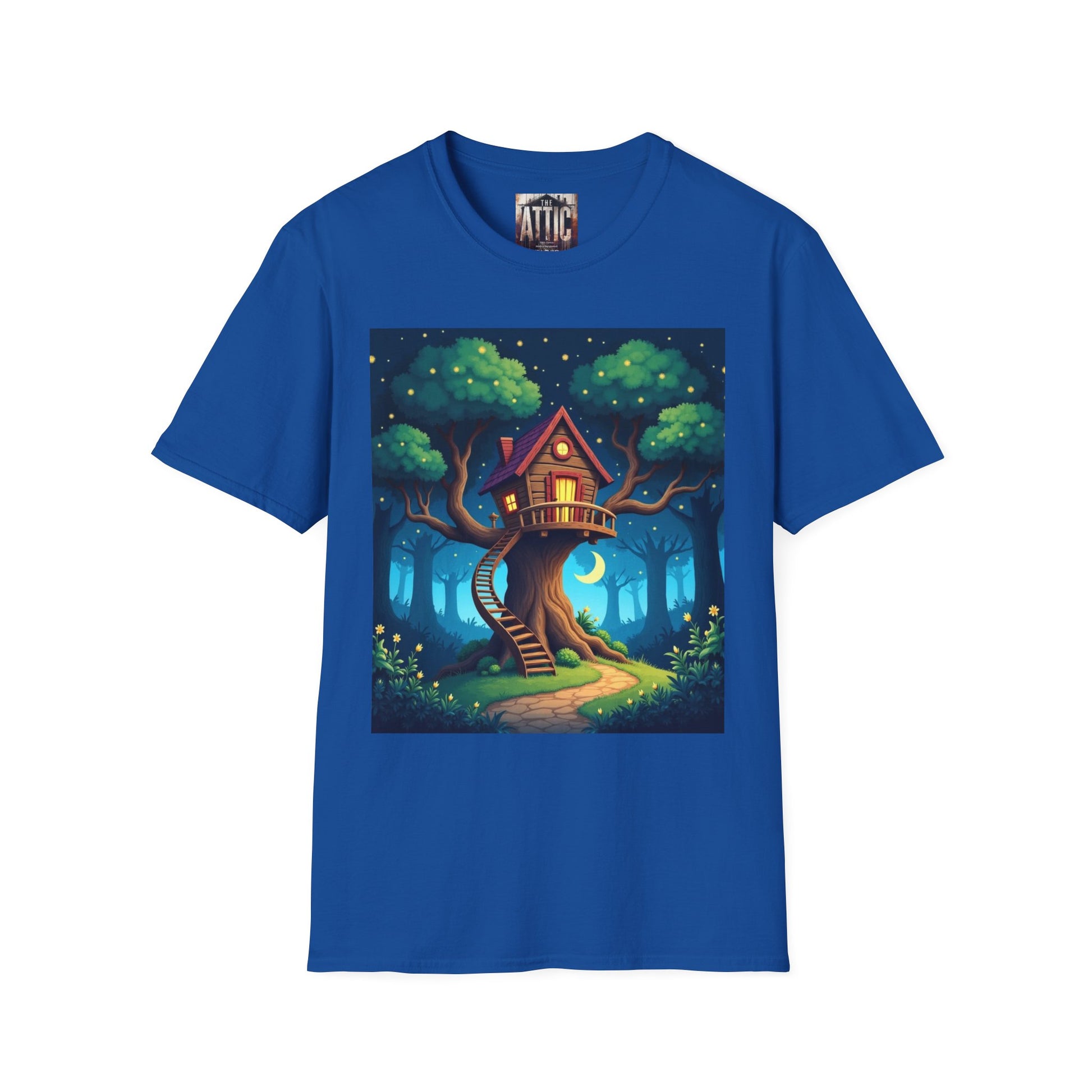 Treehouse Under Starry Night T-Shirt — Moonlit Crescent Tree House Design