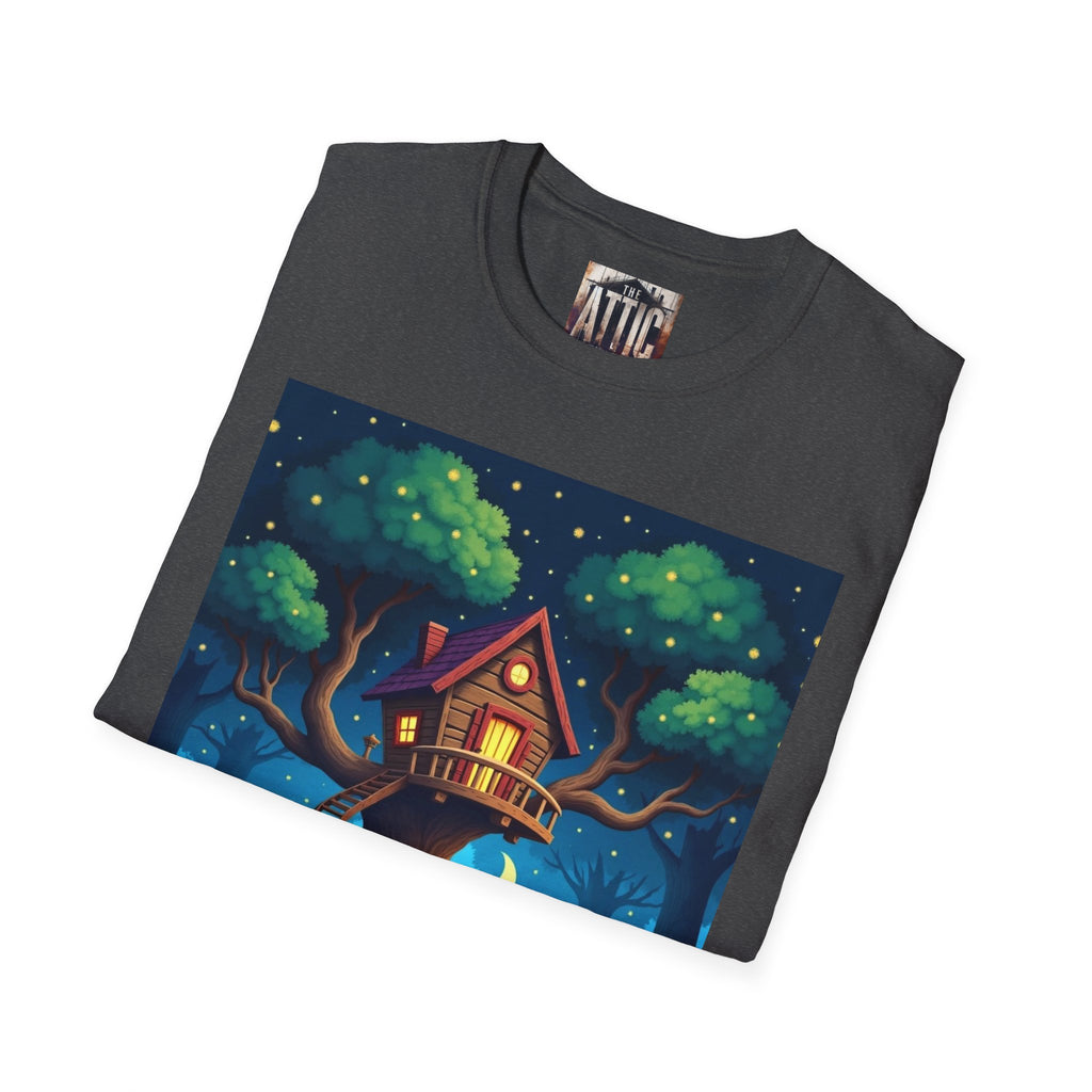 Treehouse Under Starry Night T-Shirt — Moonlit Crescent Tree House Design