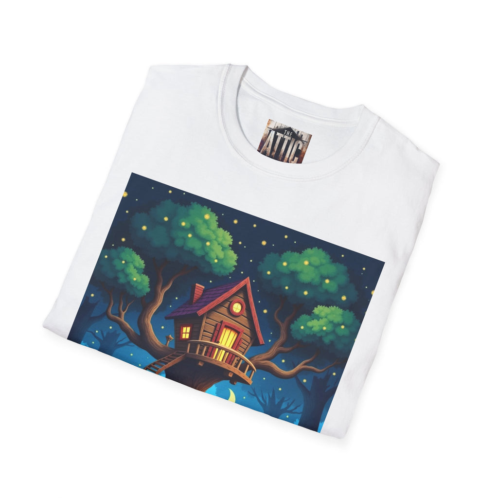 Treehouse Under Starry Night T-Shirt — Moonlit Crescent Tree House Design