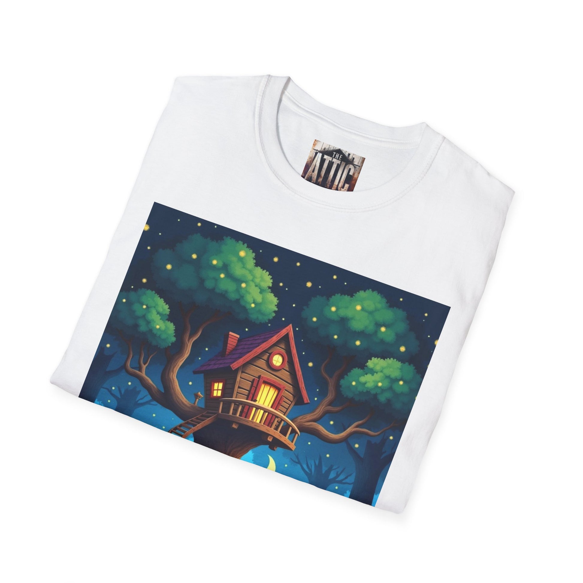 Treehouse Under Starry Night T-Shirt — Moonlit Crescent Tree House Design