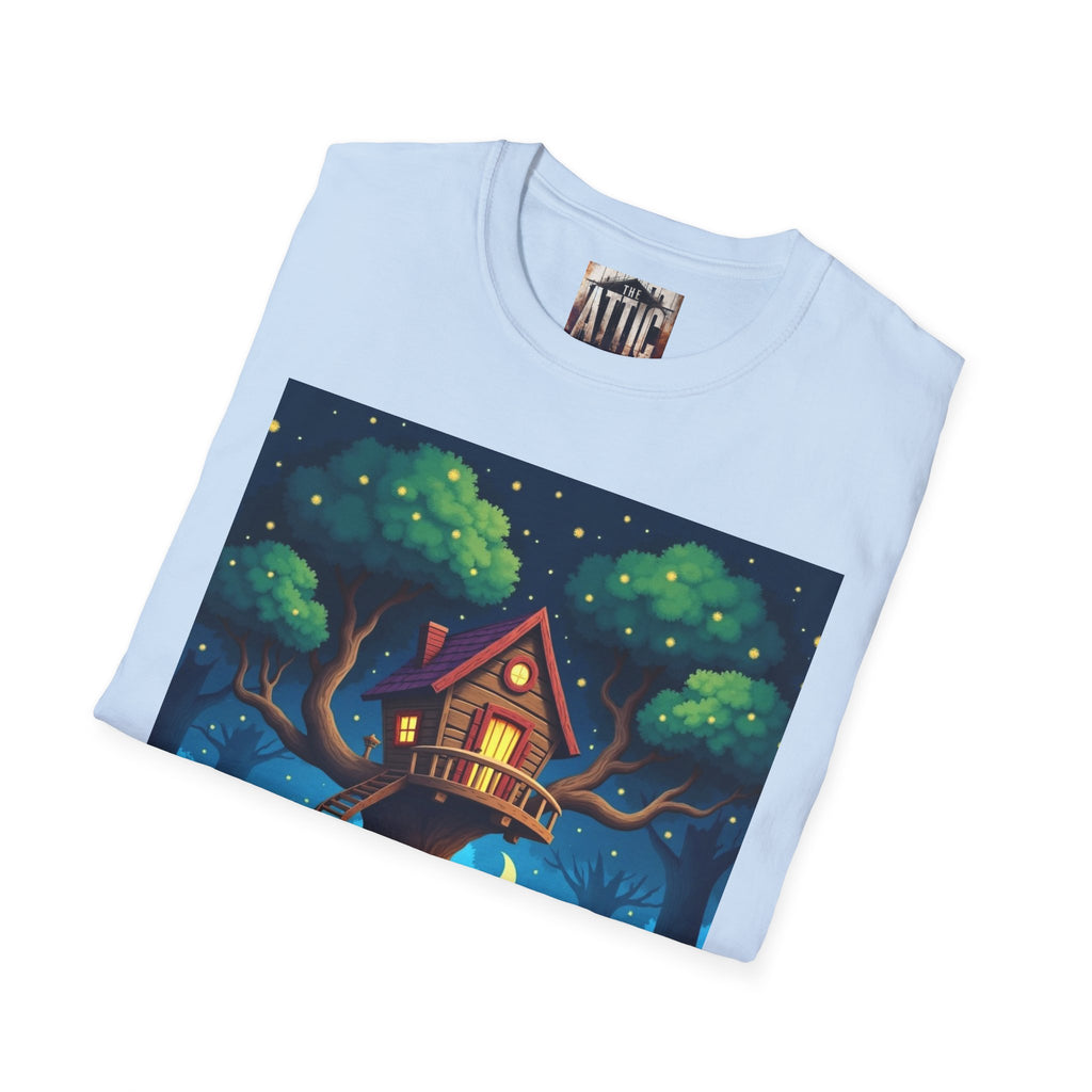 Treehouse Under Starry Night T-Shirt — Moonlit Crescent Tree House Design