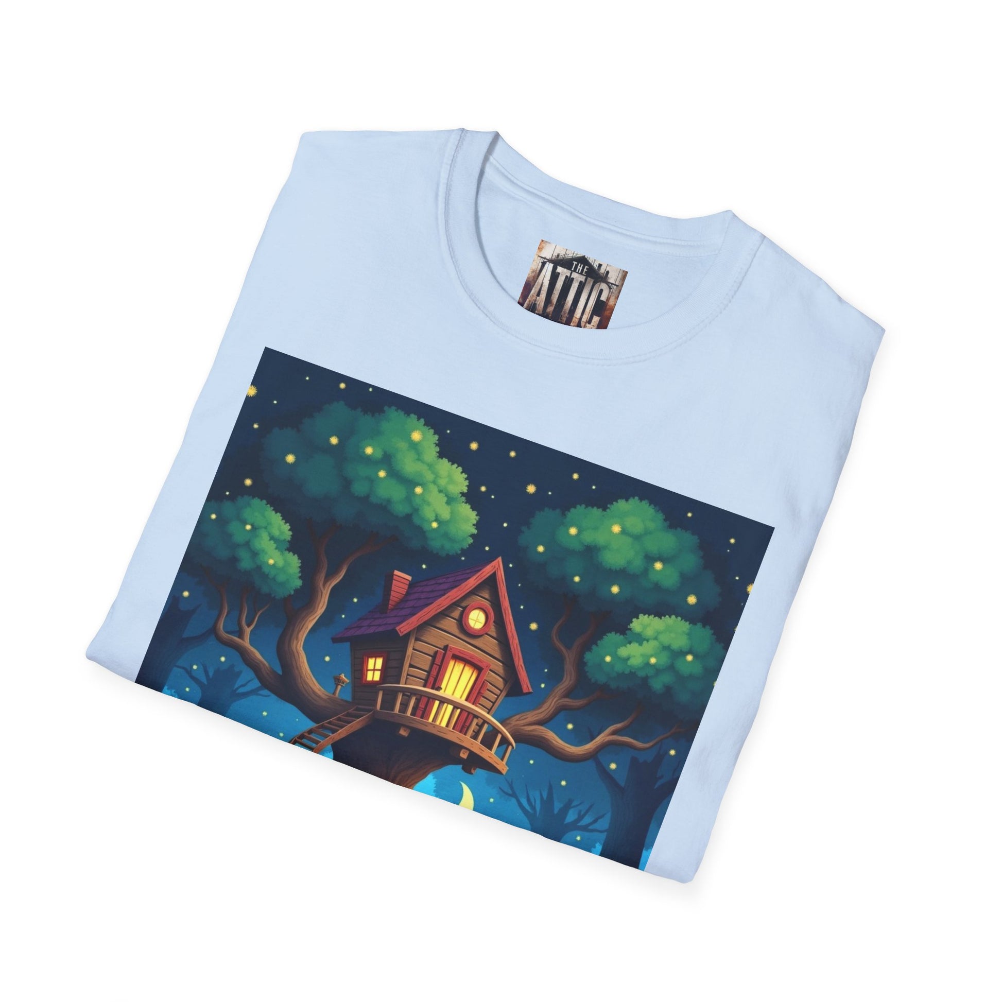 Treehouse Under Starry Night T-Shirt — Moonlit Crescent Tree House Design