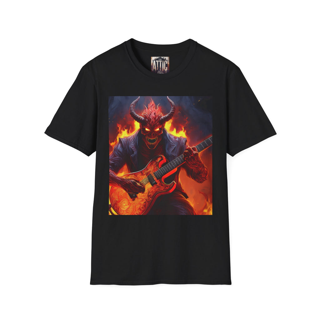 Fiery Demon Guitar Graphic Tee, Unisex T-Shirt for Music Lovers, Halloween Costume, Concert Apparel, Unique Gift