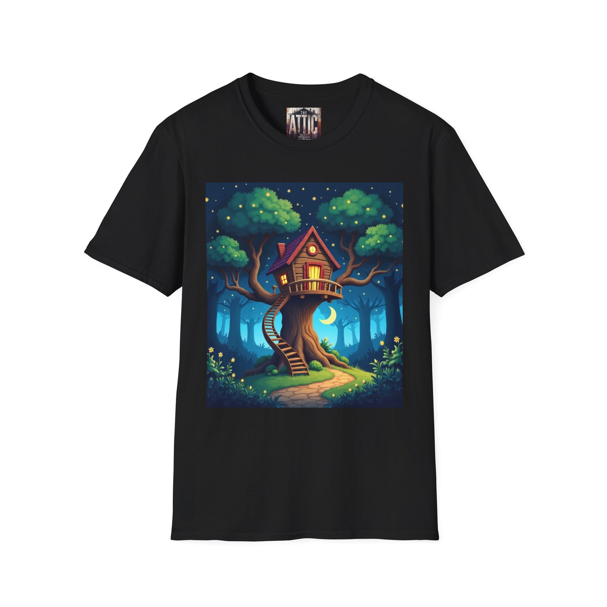 Treehouse Under Starry Night T-Shirt — Moonlit Crescent Tree House Design