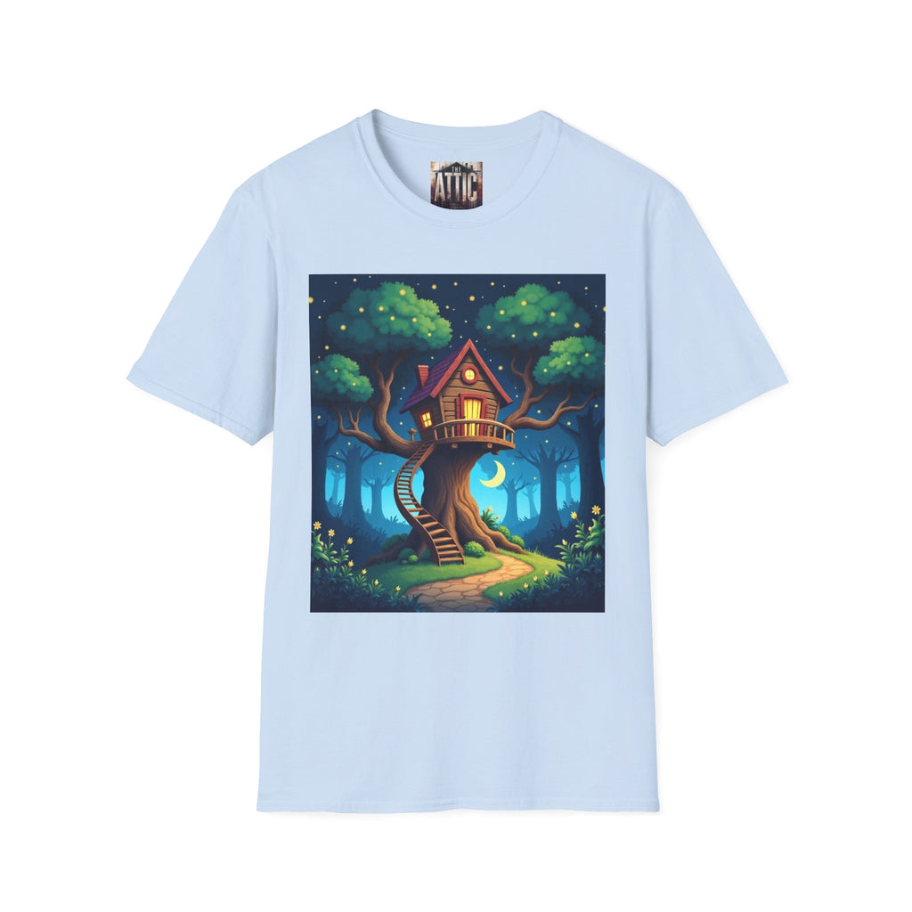 Treehouse Under Starry Night T-Shirt — Moonlit Crescent Tree House Design