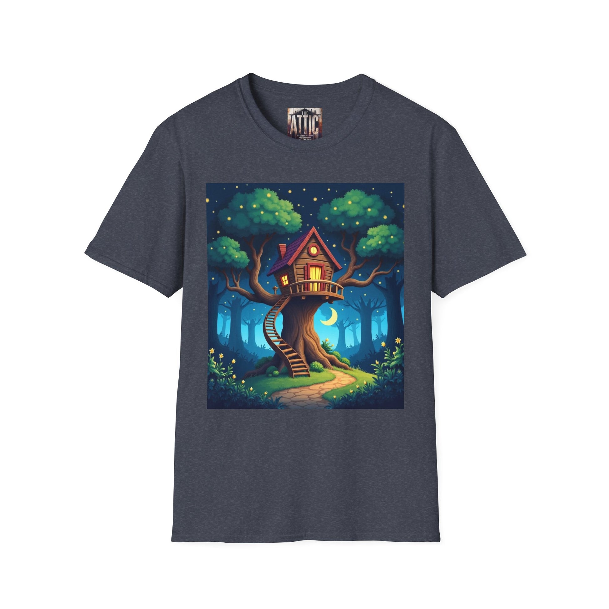 Treehouse Under Starry Night T-Shirt — Moonlit Crescent Tree House Design