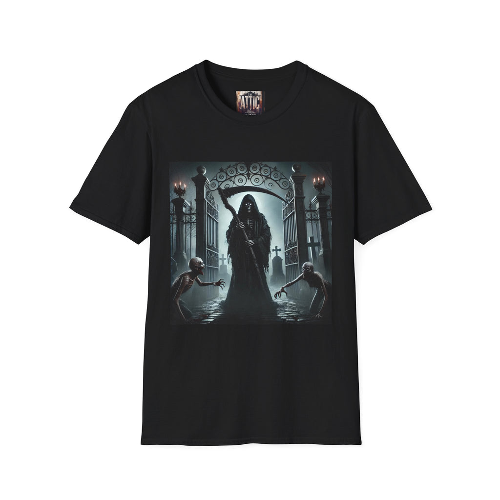 Cemetery Gates with Grim Reaper tshirt