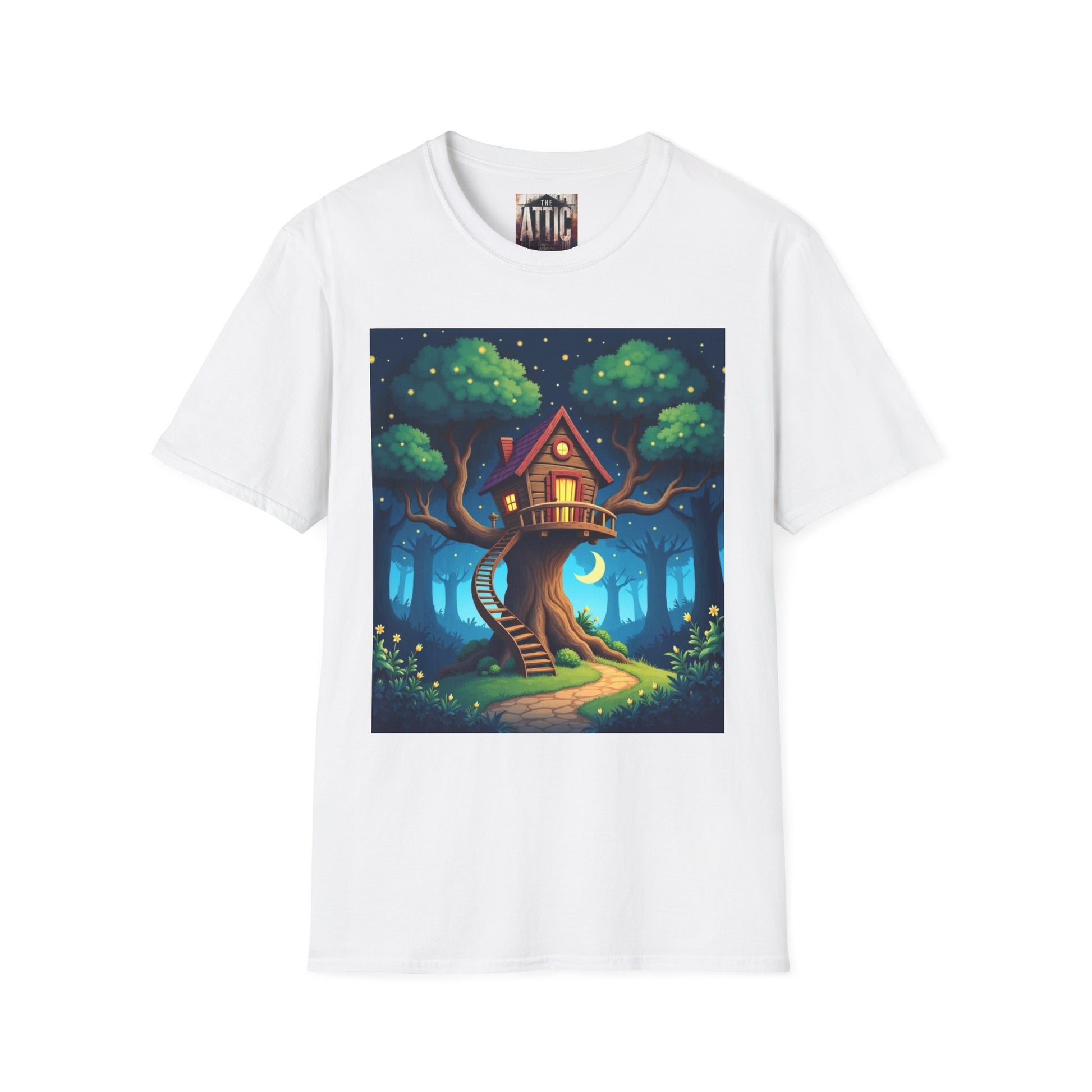 Treehouse Under Starry Night T-Shirt — Moonlit Crescent Tree House Design